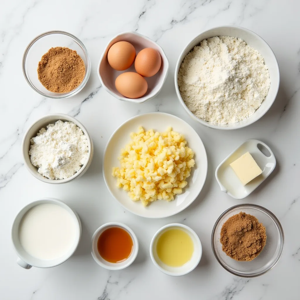 Mixed Berry Muffins Streusel topping ingredients including flour, brown sugar, butter cubes and cinnamon on stone surface