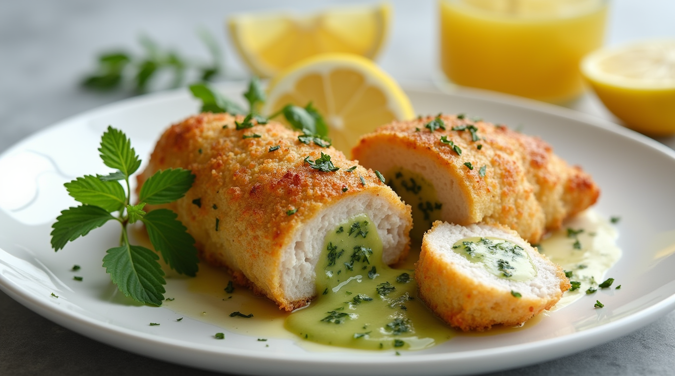 7 Amazing Chicken Kiev Secrets: Ultimate Guide! Crispy golden-brown Chicken Kiev cut open on a white plate revealing herb-infused butter flowing from the center