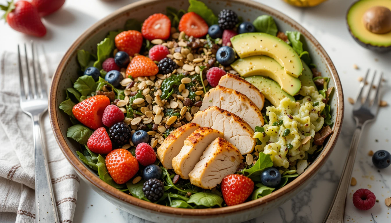 Berry Protein Salad Bowl A colorful Berry Protein Salad Bowl with grilled chicken, fresh berries, avocado, and nuts, served on a rustic plate.