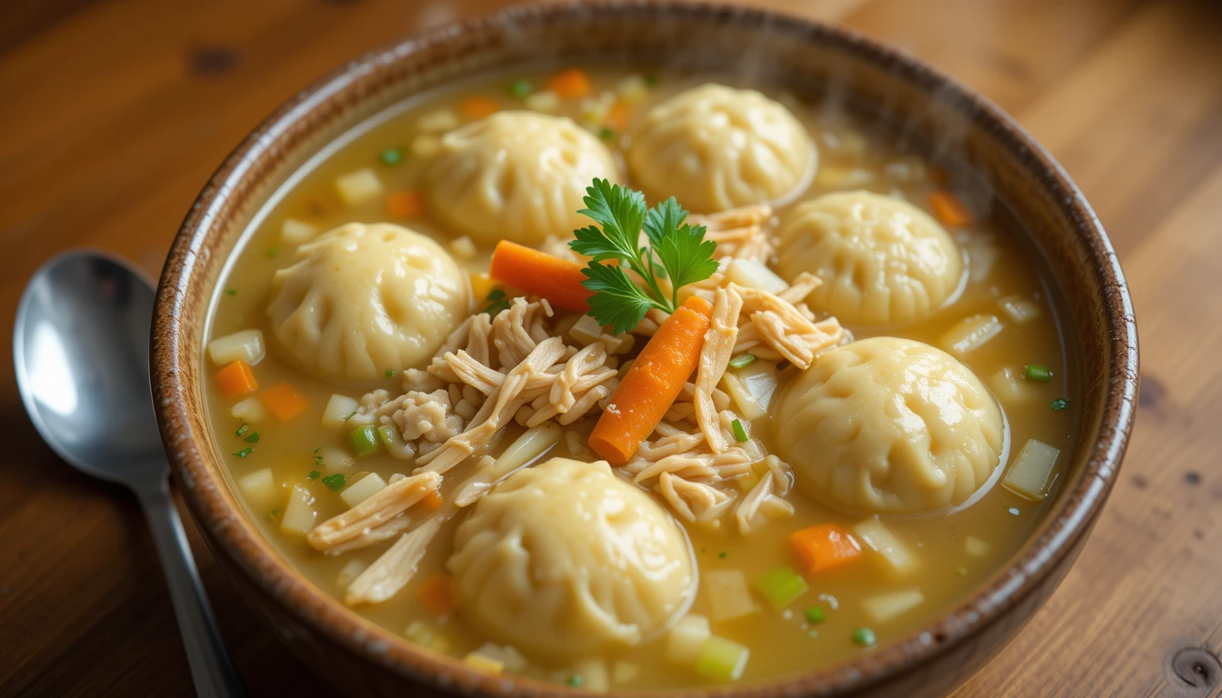 Chicken Dumpling Soup A hearty bowl of chicken dumpling soup with fluffy dumplings, shredded chicken, and vegetables in a rich broth, garnished with parsley