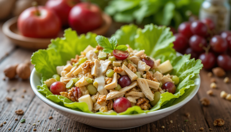 A bowl of Chicken Waldorf Salad with apples, grapes, walnuts, and creamy dressing, served on a rustic wooden table.