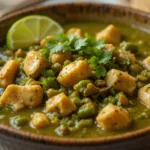 Chicken Chile Verde Stew A steaming bowl of Chicken Chile Verde Stew with tender chicken, roasted green chiles, and a thick green sauce, garnished with cilantro and lime