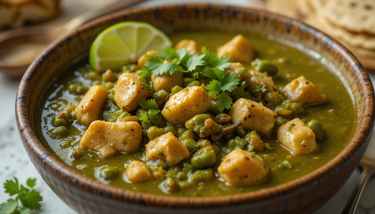 A steaming bowl of Chicken Chile Verde Stew with tender chicken, roasted green chiles, and a thick green sauce, garnished with cilantro and lime