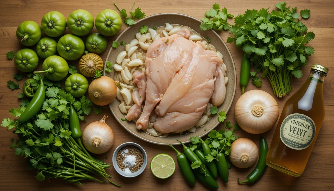 Fresh Ingredients for the Perfect Chicken Chile Verde Stew Fresh ingredients including chicken, tomatillos, green chiles, onions, garlic, cilantro, jalapeños, spices, and lime, ready for Chicken Chile Verde Stew