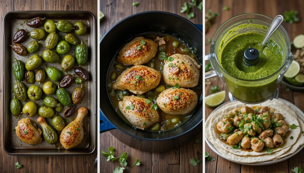 Chicken Chile Verde Stew A step-by-step visual guide to making Chicken Chile Verde Stew, from roasting chiles to simmering the stew in a pot.