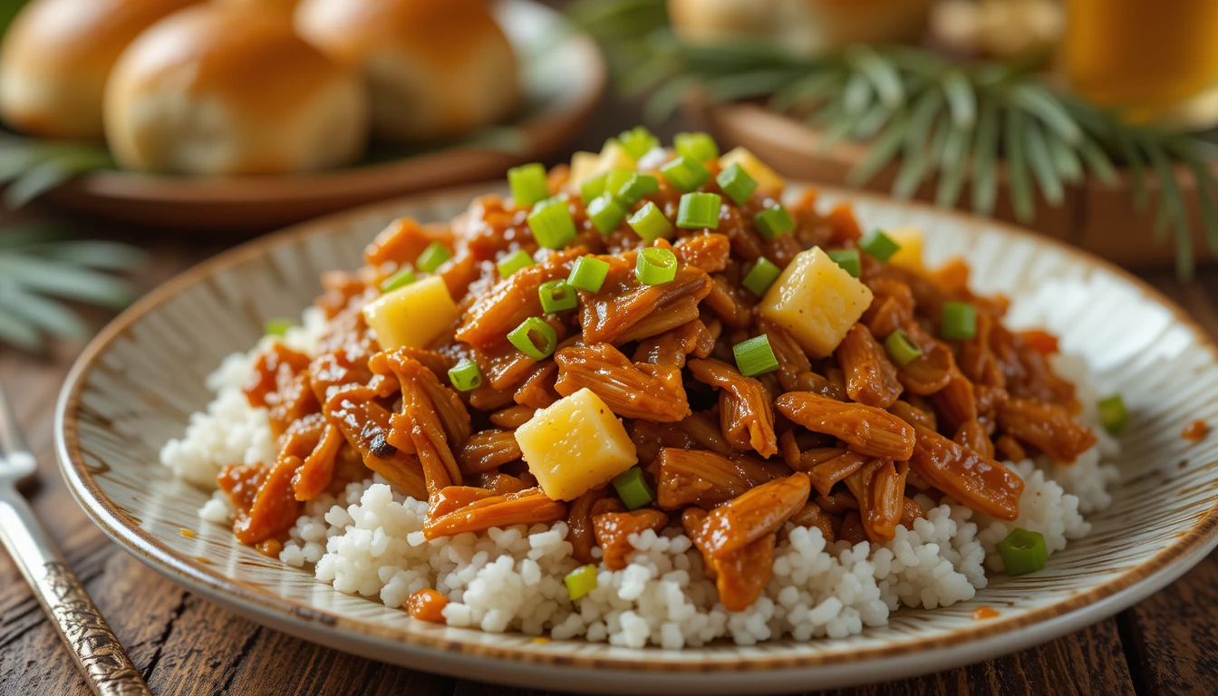 Hawaiian Shredded Chicken A plate of Hawaiian shredded chicken with pineapple chunks and green onions, served over rice.
