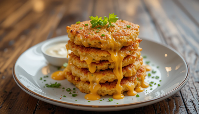 A plate of crispy, golden cheesy chicken fritters with melted cheese inside, served with a creamy dipping sauce.