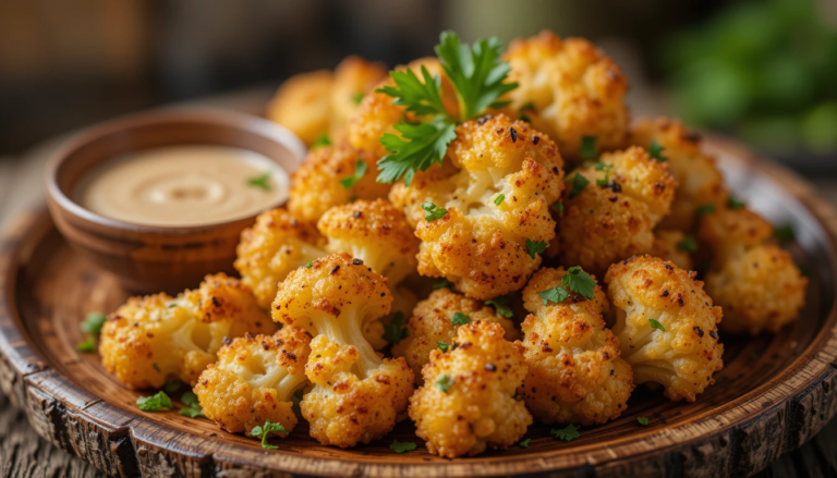 Golden brown crispy roasted cauliflower florets served with a dipping sauce