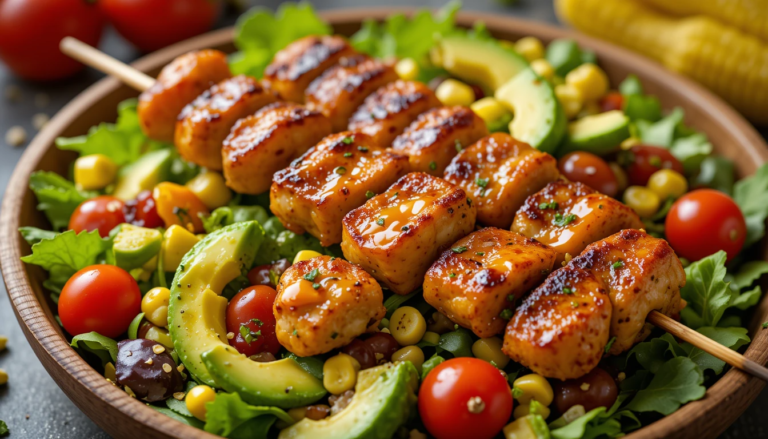 A vibrant BBQ chicken skewer salad with grilled chicken skewers, fresh greens, cherry tomatoes, avocado, and corn, drizzled with dressing