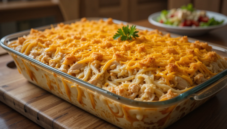 A golden-brown Easy Chicken Tetrazzini casserole in a baking dish, topped with melted cheddar cheese, breadcrumbs, and a sprig of parsley, set on a wooden table in a cozy kitchen.