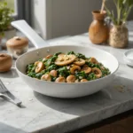 Spinach Mushroom A close-up of a creamy Spinach Mushroom dish in a white ceramic skillet on a light gray countertop, showcasing fresh spinach and golden mushrooms