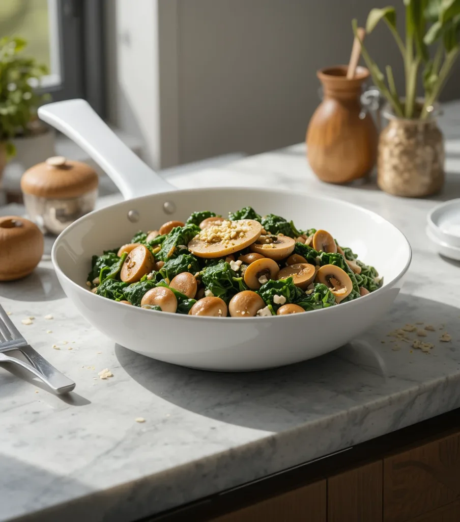 Spinach Mushroom A close-up of a creamy Spinach Mushroom dish in a white ceramic skillet on a light gray countertop, showcasing fresh spinach and golden mushrooms