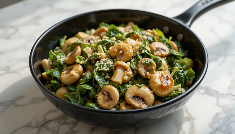 A glossy black ceramic bowl filled with a creamy Spinach Mushroom dish, featuring fresh spinach and golden mushrooms, set on a white marble countertop