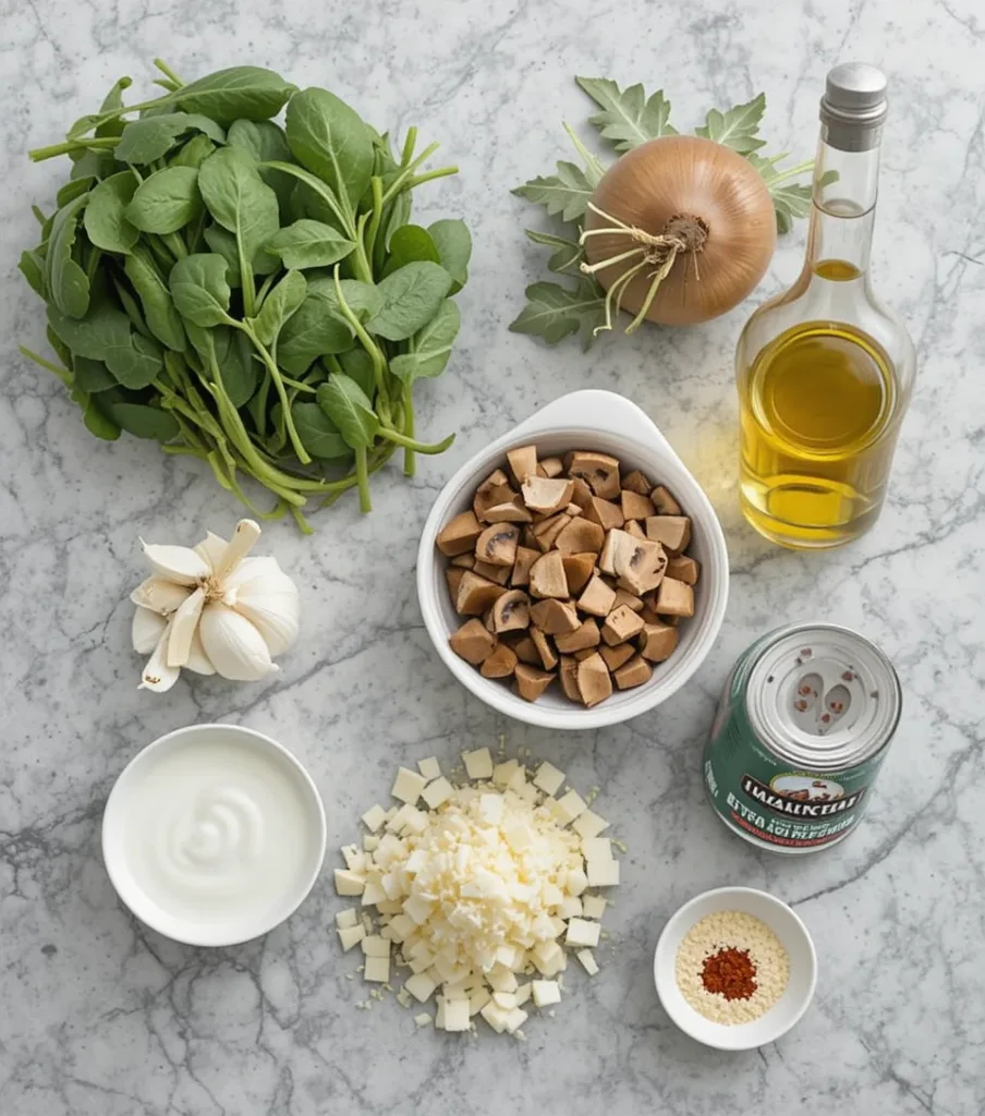 Spinach Mushroom Fresh ingredients for a Spinach Mushroom dish, including spinach, mushrooms, garlic, and cream, arranged on a light gray granite countertop