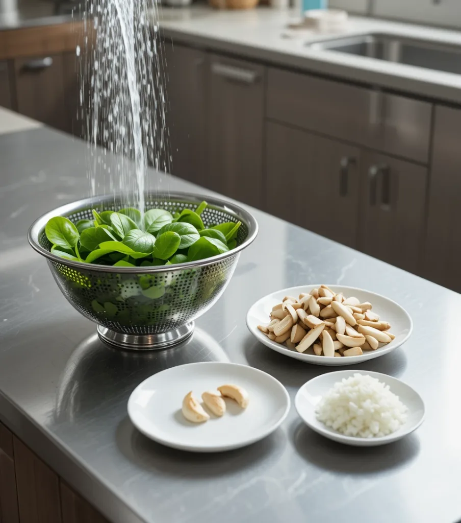 Spinach Mushroom Fresh spinach being rinsed, sliced mushrooms, minced garlic, and diced onion on a stainless steel countertop.