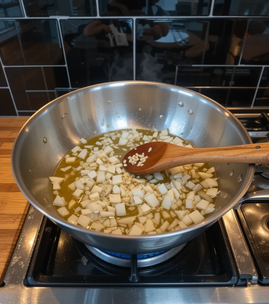 Spinach Mushroom Diced onions and minced garlic sautéing in olive oil in a stainless steel skillet on a stovetop