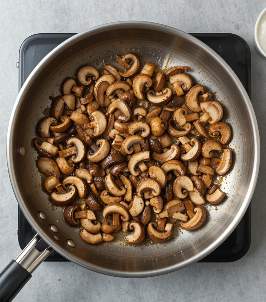 Spinach Mushroom Sliced cremini mushrooms turning golden brown in a stainless steel skillet on a light gray countertop.