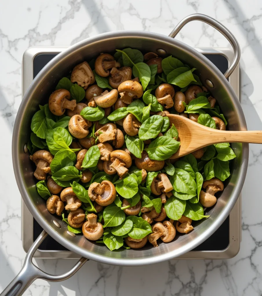 Spinach Mushroom Fresh spinach wilting into golden mushrooms in a stainless steel skillet on a white marble countertop