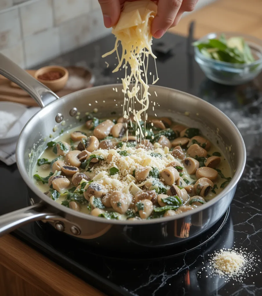 Spinach Mushroom Spinach and mushrooms in a creamy sauce with Parmesan, seasoned in a skillet on a black granite countertop.
