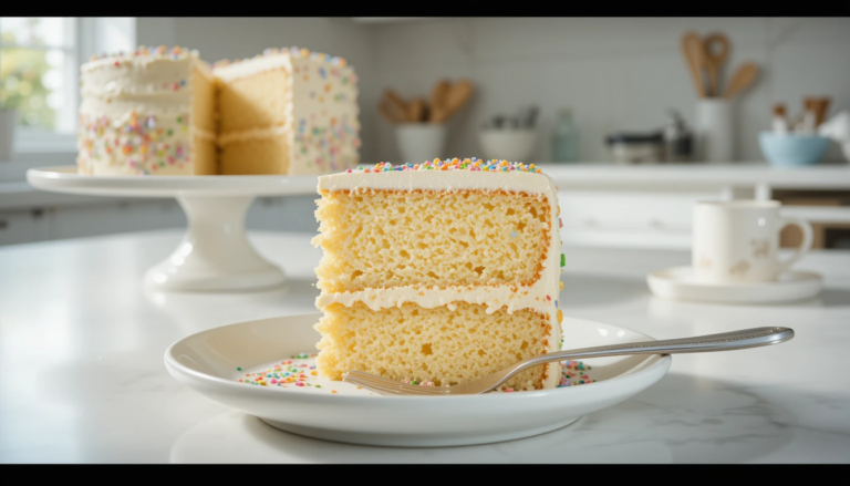A slice of Vanilla Cake Recipe with white frosting and sprinkles on a white plate.
