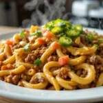 A close-up of cheesy beef taco pasta in a white dish, topped with melted cheese, ground beef, and fresh cilantro.