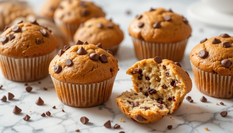 Freshly baked chocolate chip muffins with golden tops and melted chocolate chunks throughout