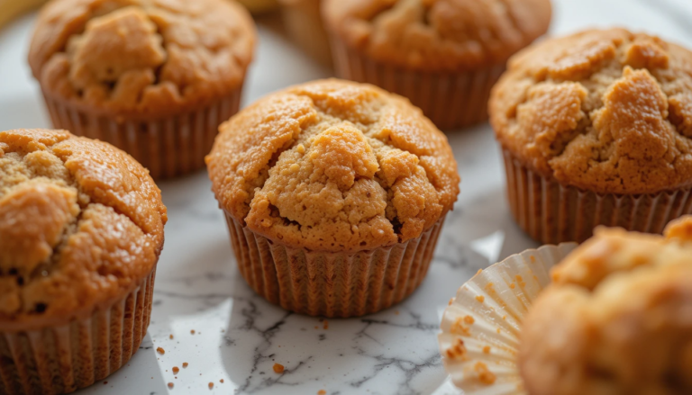 Golden-brown banana muffins with moist interiors displayed on a marble surface