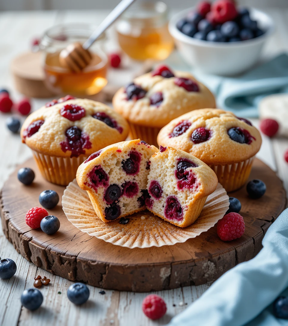 Mixed Berry Muffins Homemade mixed berry muffins with blueberries, raspberries and blackberries on a wooden board