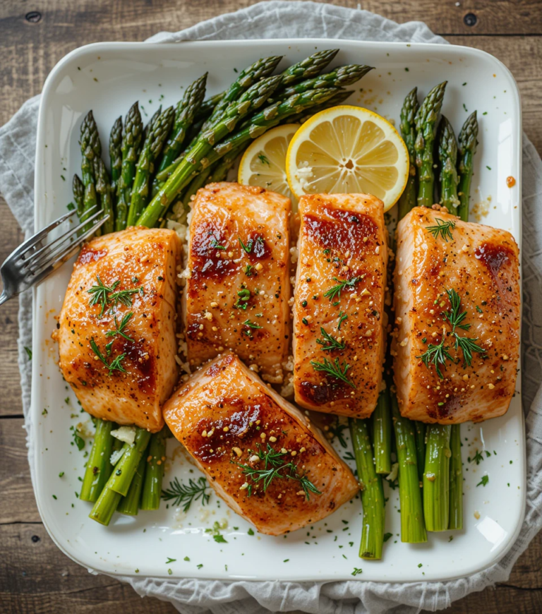 Oven-roasted One-Pan Salmon Asparagus fillets and asparagus on a white platter garnished with lemon slices and fresh herbs