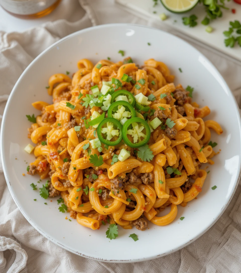 A close-up of cheesy beef taco pasta in a white dish, topped with melted cheese, ground beef, and fresh cilantro.