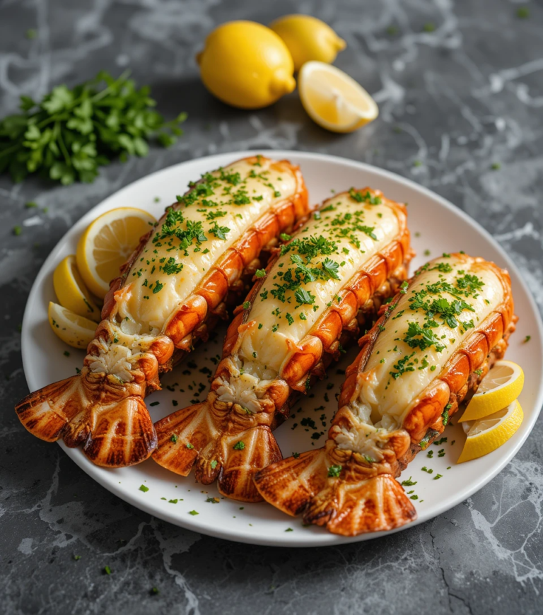 lobster tails with butter and parsley with lemon wedges
