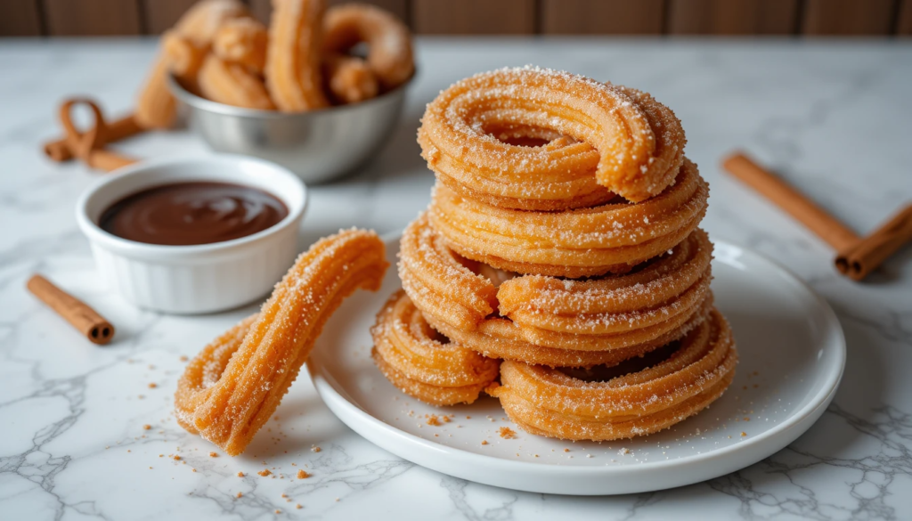 Golden brown Spanish churros Recipe dusted with cinnamon sugar served with chocolate dipping sauce
