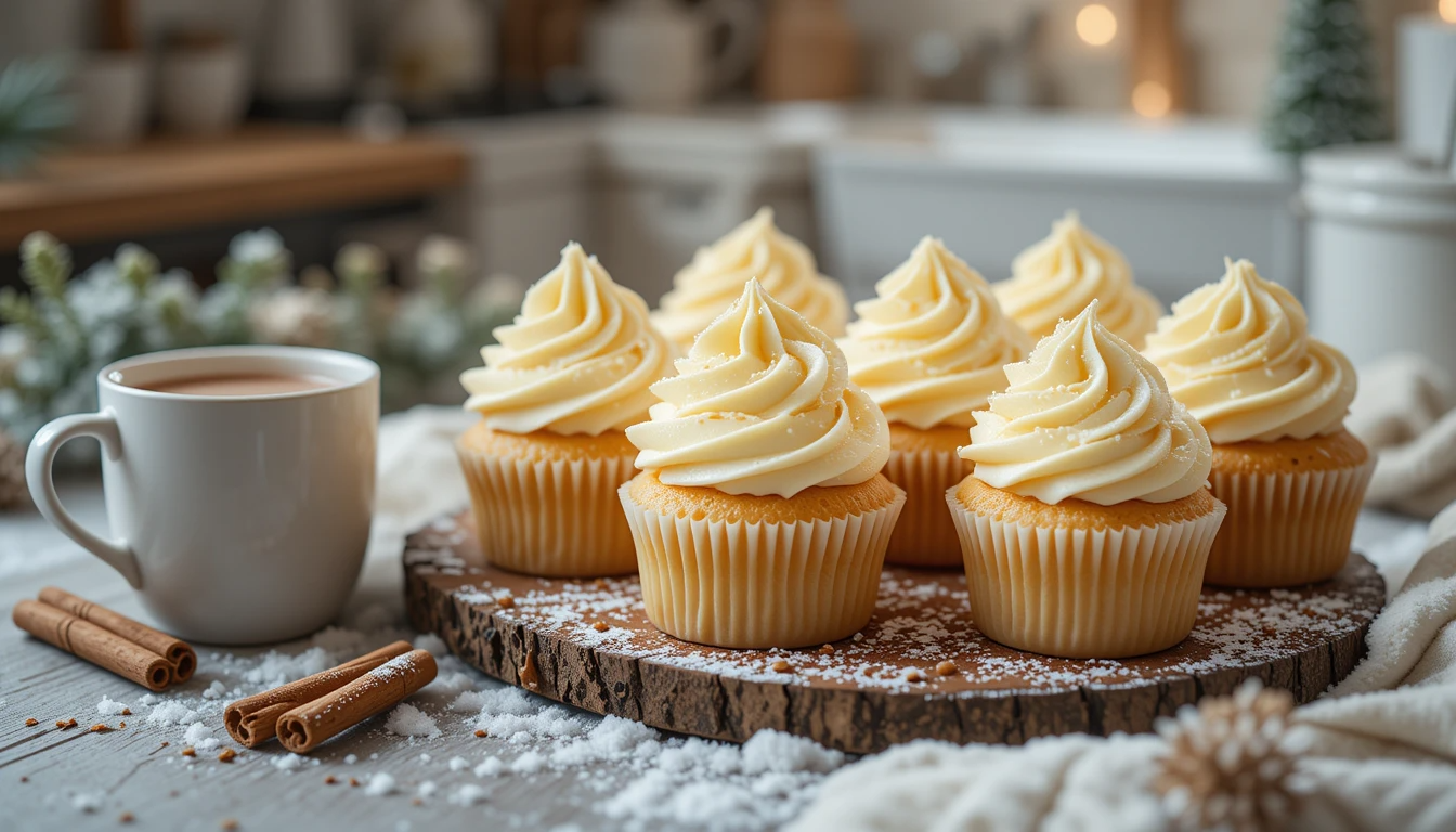 Classic Vanilla Cupcake Recipe for Winter A close-up of freshly baked vanilla cupcakes with creamy buttercream frosting, dusted with powdered sugar, served on a rustic wooden tray with a cup of hot chocolate in a cozy winter setting.