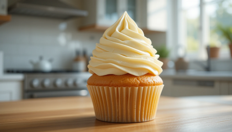 A close-up of silky vanilla frosting recipe swirled on a cupcake, smooth and glossy.