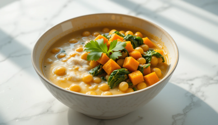 A close-up of a steaming bowl of easy vegan curry with chickpeas, sweet potatoes, and spinach on a white countertop