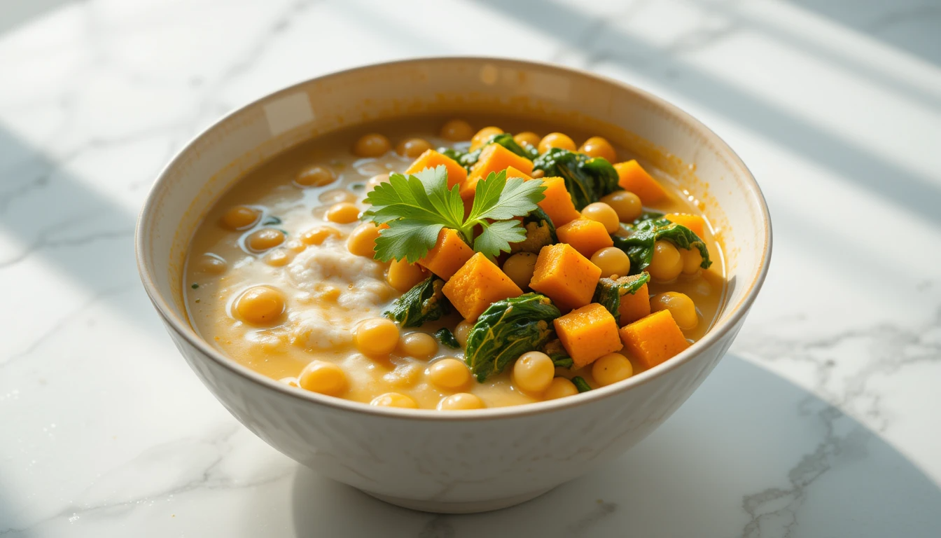 Easy Vegan Curry: 5 Irresistible Recipes to Savor Tonight A close-up of a steaming bowl of easy vegan curry with chickpeas, sweet potatoes, and spinach on a white countertop