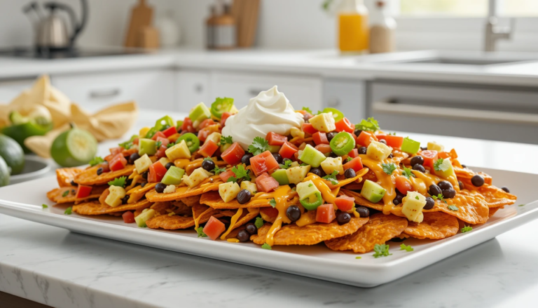 A close-up of Loaded Sweet Potato Nachos on a white platter, featuring crispy sweet potato rounds topped with melted cheese, black beans, tomatoes, jalapeños, avocado, and cilantro, set on a white countertop.