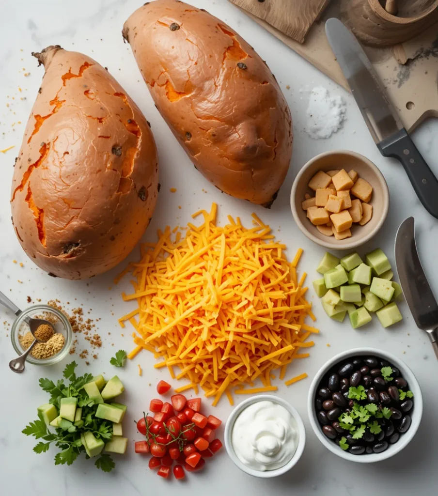 Loaded Sweet Potato Nachos: 5 Irresistible Twists You’ll Love An overhead view of ingredients for Loaded Sweet Potato Nachos, including sweet potatoes, olive oil, spices, cheese, black beans, tomatoes, jalapeños, cilantro, avocado, and sour cream, arranged on a white countertop.