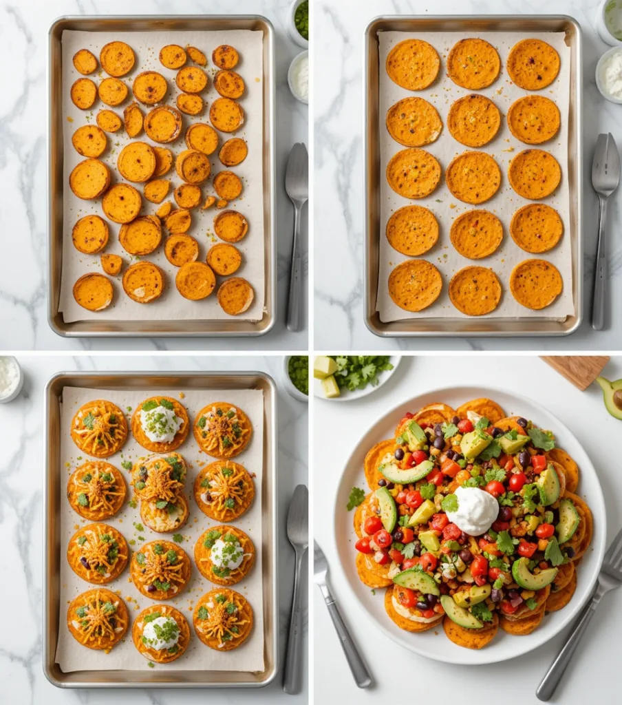 Loaded Sweet Potato Nachos: 5 Irresistible Twists You’ll Love A kitchen scene showing four stages of Loaded Sweet Potato Nachos preparation on a white countertop: spiced sweet potato slices, baked rounds, topped nachos, and the finished dish with avocado and cilantro.