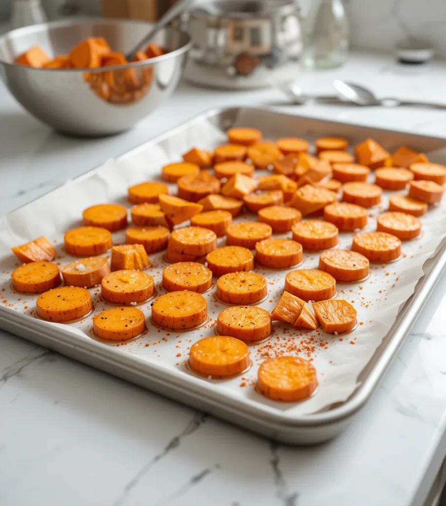 Loaded Sweet Potato Nachos: 5 Irresistible Twists You’ll Love Sweet potato slices tossed in olive oil and spices on a parchment-lined baking sheet, set on a white countertop.