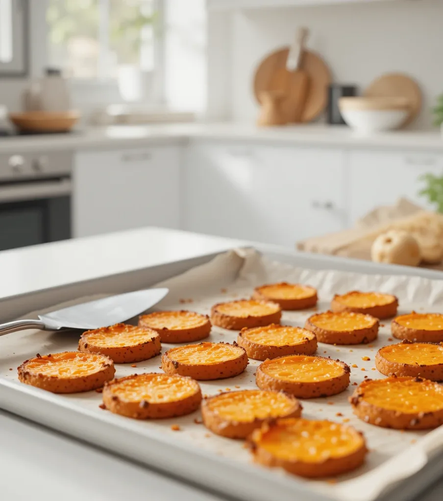 Loaded Sweet Potato Nachos: 5 Irresistible Twists You’ll Love Golden sweet potato rounds baked to perfection on a baking sheet, resting on a white countertop.