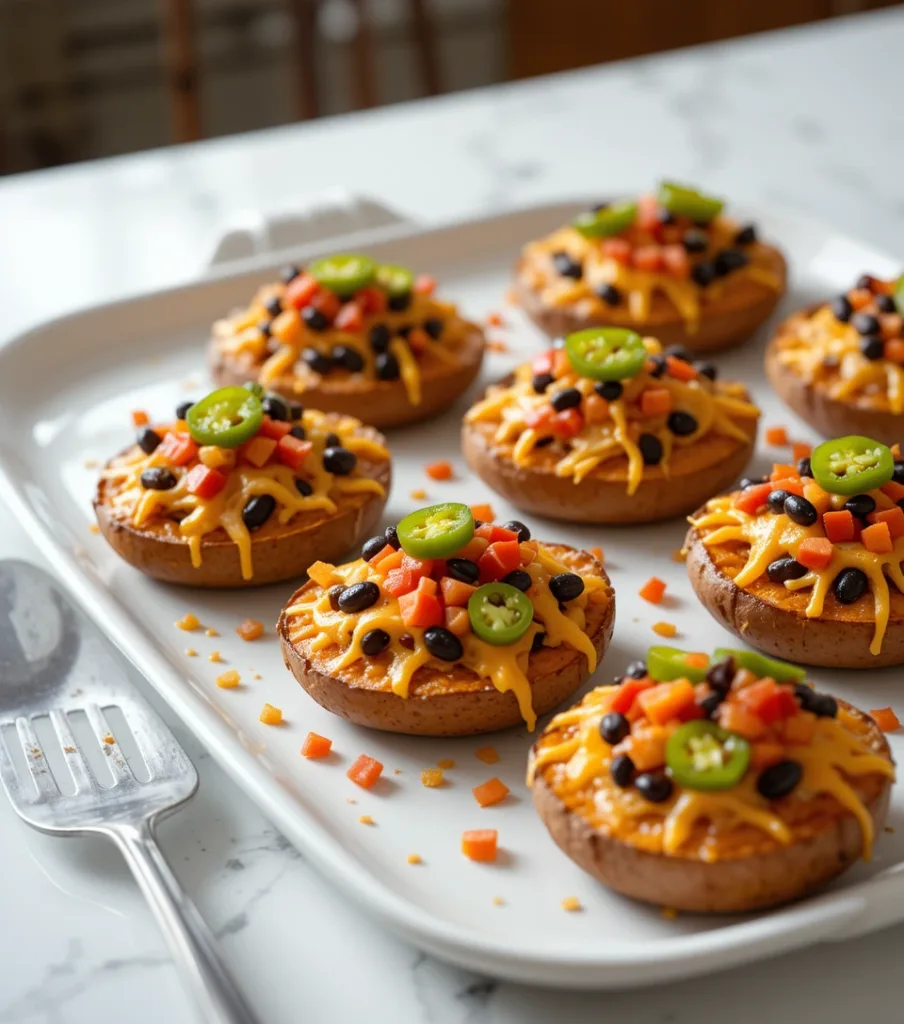 Loaded Sweet Potato Nachos: 5 Irresistible Twists You’ll Love Sweet potato rounds topped with melted cheese, black beans, tomatoes, and jalapeños on a white platter, set on a white countertop.