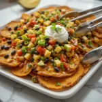 Loaded Sweet Potato Nachos: 5 Irresistible Twists You’ll Love Loaded Sweet Potato Nachos with melted cheese, beans, tomatoes, jalapeños, avocado, cilantro, and sour cream on a white platter, set on a white countertop.