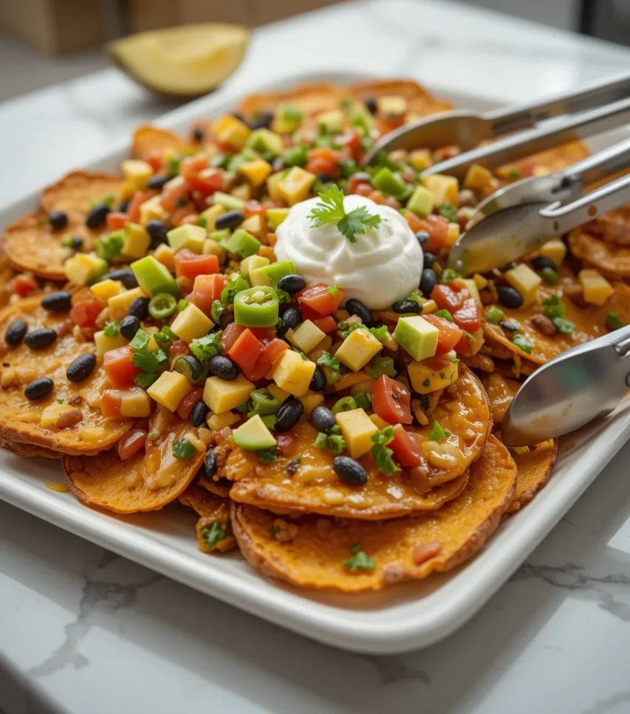 Loaded Sweet Potato Nachos: 5 Irresistible Twists You’ll Love Loaded Sweet Potato Nachos with melted cheese, beans, tomatoes, jalapeños, avocado, cilantro, and sour cream on a white platter, set on a white countertop.
