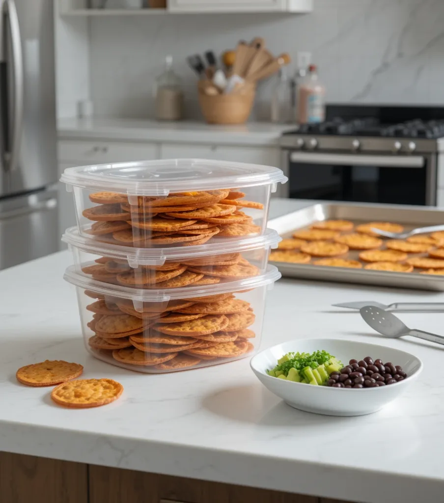 Loaded Sweet Potato Nachos: 5 Irresistible Twists You’ll Love A white countertop with an airtight container of un-topped sweet potato rounds, a baking sheet, and a dish of separated toppings (avocado, black beans, cilantro) in a modern kitchen.