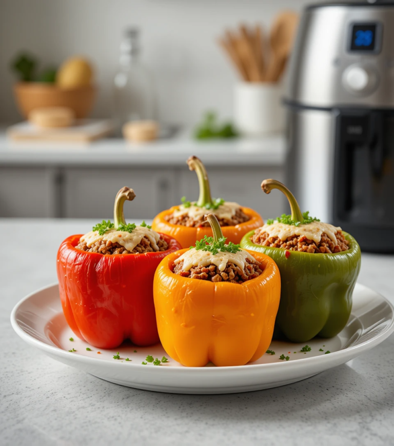 Four colorful air fryer stuffed peppers with melted cheese and herbs on a white plate in a modern kitchen