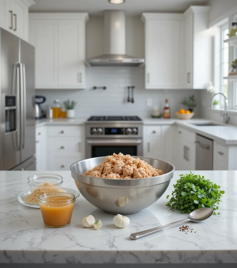 Ginger Chicken Meatballs A modern kitchen counter with ingredients for Ginger Chicken Meatballs, including ground chicken, ginger, and soy sauce, neatly arranged.