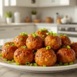 Ginger Chicken Meatballs A plate of golden Ginger Chicken Meatballs garnished with green onions on a white countertop in a modern kitchen.