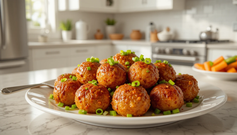 A plate of golden Ginger Chicken Meatballs garnished with green onions on a white countertop in a modern kitchen.