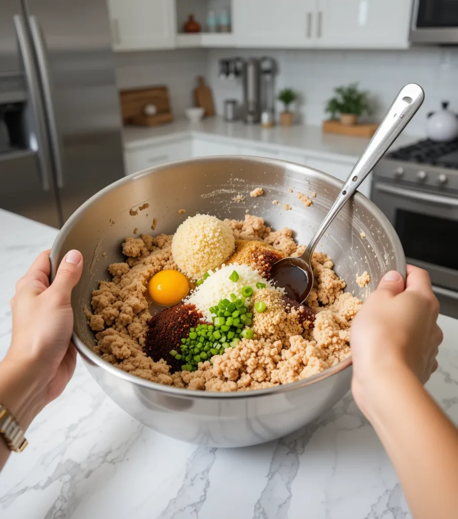 Ginger Chicken Meatballs Hands blending ground chicken and ginger in a metal bowl on a white countertop in a modern kitchen.